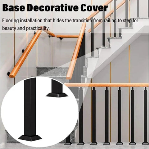 Tough As Nails Black Metal Stair Railing Spindles Crafted From Premium Wrought Iron Balusters For Indoor And Outdoor Deck Handrails Quick Easy Install Base decorative cover on black wrought iron spindles.