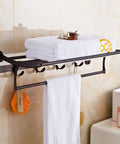 Oil Rubbed Bronze Wall Mounted Towel Rack With Foldable Bar And Shelf Four Hooks Heavy Duty Bathroom Organizer Durable Finish