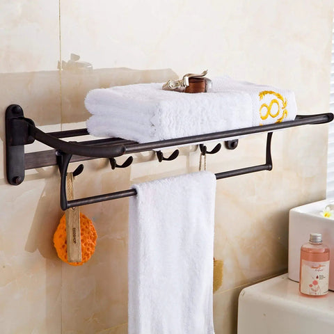 Oil Rubbed Bronze Wall Mounted Towel Rack With Foldable Bar And Shelf Four Hooks Heavy Duty Bathroom Organizer Durable Finish