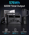 Portable Power Station 600W With 576Wh LiFePO4 Battery, powering a phone, mini fridge, and juicer, graphite black finish
