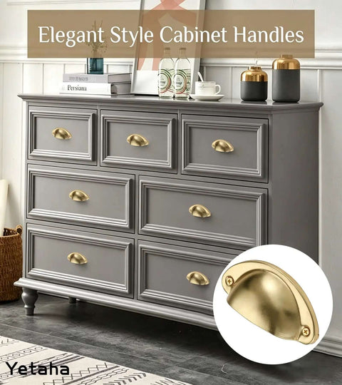 Old School Cool Vintage Brass Cup Knobs With Yellow Bronze Antique Finish For Dresser And Cabinet Drawer Upgrade on grey dresser.