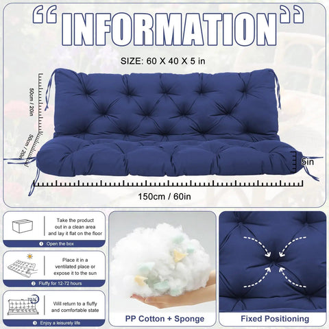 Diagram of navy blue three seater swing cushions replacement for outdoor porch swing with backrest, size 60x40x5 inches, splash-proof.
