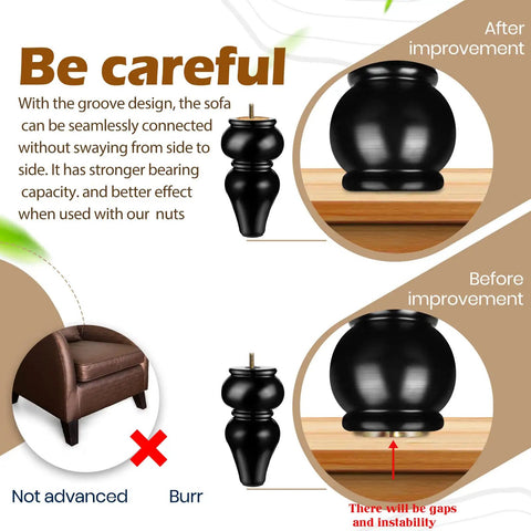 Comparison showing before and after improvement with 6 Inch Black Wood Furniture Legs Set Of 4 For Sofas, Chairs, Coffee Tables And Beds