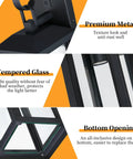Premium matte black exterior wall sconce highlighting tempered glass and bottom opening design for easy bulb replacement.