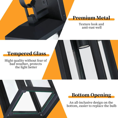 Premium matte black exterior wall sconce highlighting tempered glass and bottom opening design for easy bulb replacement.