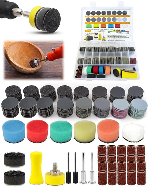 Versatile 482 PC 1 Inch Sanding Disc And Drum Set For Dremel Rotary Tool Wet Dry Polishing Kit displayed with accessories