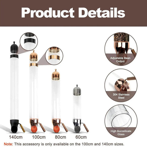 Wall Mounted Coffee Bean Dispenser With Clear Glass Tube, Two Point Seven Kg Capacity Adjustable Funnel For Tea Candy Grains, showcasing 140cm, 100cm lengths.
