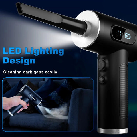 Electric Air Duster With LED Light Three Gear Adjustable 100000 RPM Cordless Blower cleaning a sofa in dark room