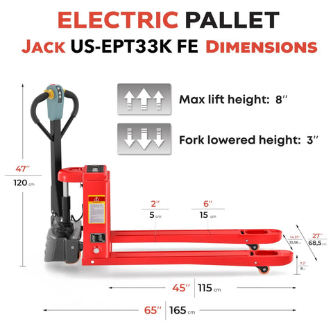 TEXLIFT 3300 Lb Full Electric Power Pallet Jack Standard Duty Pallet Truck showing dimensions and features with 48-inch forks.