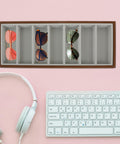 Slick Wooden Sunglasses Display Tray With Soft Gray Velvet Lining Seven Grid Eyewear Organizing Rack with shades on desk