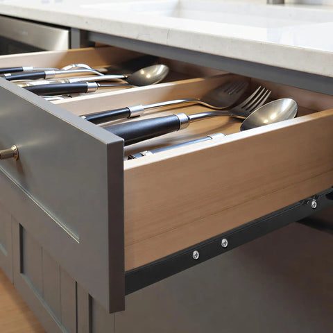 Lock In That Smooth Storage With Twelve Inch Bottom Mount Drawer Slides Heavy Duty Metal Sliding Rail Pair For Quiet Gliding Operation And Pro Level Install, open drawer with kitchen utensils.