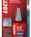 Front view of a Loctite 243 Medium Strength Surface Insensitive Threadlocker For 1/4 To 3/4 Inch Fasteners bottle in packaging.