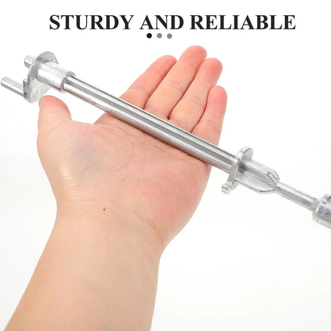 Close-up of silver front inner and outer tie rods for golf cart steering replacement in hand, demonstrating sturdy iron construction.