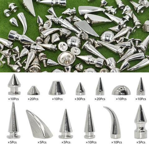Rock Your Edge With This Kickass 150 Piece Punk Spike Rivet Kit Featuring Silver Zinc Alloy Cone Studs Screw Back Bullets and assorted rivet shapes.