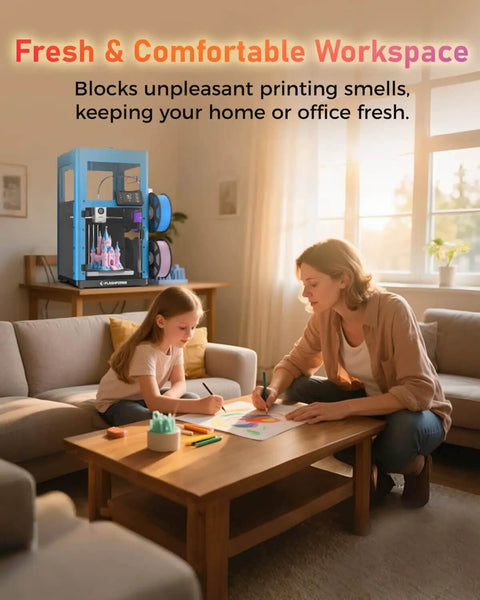 Enclosure Kit For AD5X 3D Printer With Optimized Design in a cozy living room setting, odor reduction feature highlighted.