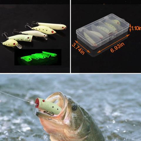 Luminous Night Fishing Lure Kit 5Pc With VIB Popper Crankbait Minnow Pencil Lure And Treble Hook Lures In A Handy Tackle Box For Deep Night Adventures, glowing lures and fish catch