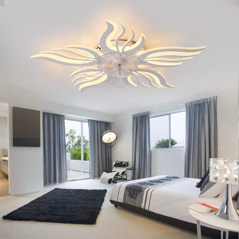 Bladeless Ceiling Fan With Remote And Lights, 27 Inch Modern Flower Shade Ceiling Fan in a stylish bedroom setting, low profile design.