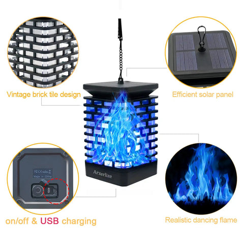 Cool Blue Dancing Flame Solar Lantern Lights Outdoor Waterproof 99LED Hanging Lantern USB Or Solar Powered details