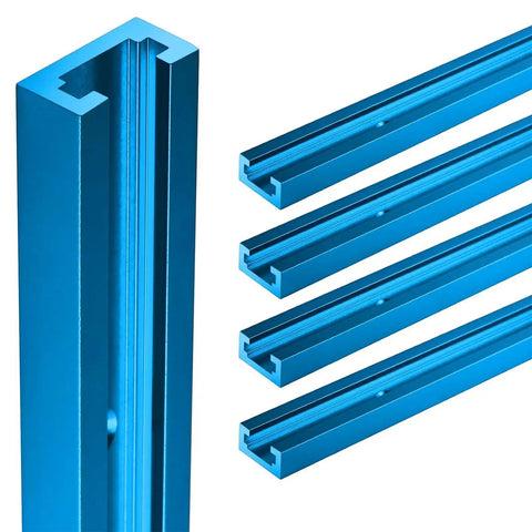 8 Pack Aluminum T Tracks For Woodworking, 48 Inch Length, Light Blue Double Cut Profile, predrilled holes visible