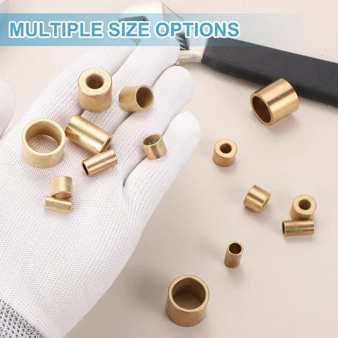 Front view of gold-tone brass sleeve bearings in multiple sizes, shown on a white-gloved hand