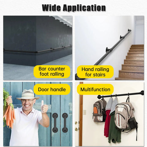 Industrial Style Black Iron Pipe Staircase Handrail For Indoor And Outdoor Use Heavy Duty Steel Balcony Railing visible in multiple applications.