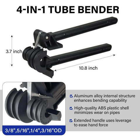 4 In 1 Tube Bender For Copper Brass Aluminum And Thin Steel Pipes with measurements and handle details shown.
