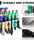 Heavy Duty Wall Mounted Pneumatic Tool Rack And Spray Can Organizer Combo Featuring Six Tough Air Tool Slots Plus Five Secure Aerosol Holder Bays To Keep Your Garage Dialed In And Ready To Roll Any Day with spray cans and air tools.