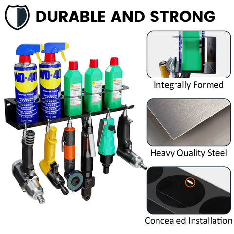Heavy Duty Wall Mounted Pneumatic Tool Rack And Spray Can Organizer Combo Featuring Six Tough Air Tool Slots Plus Five Secure Aerosol Holder Bays To Keep Your Garage Dialed In And Ready To Roll Any Day with spray cans and air tools.