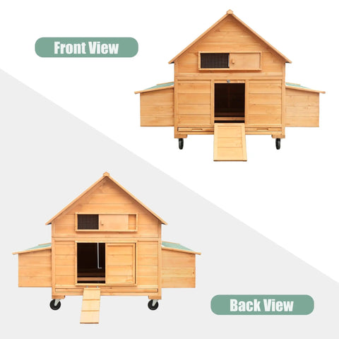 Mobile Beefy Wooden Chicken Coop On Wheels For 6 To 8 Chickens Outdoor Hen House With Front And Rear Doors