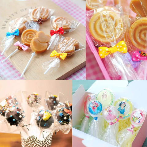 Clear Cake Pop Bags 3x5 Inches, 300 Pcs With Twist Ties, 1.4 Mil OPP Plastic Treat Bags on assorted lollipops and cake pops