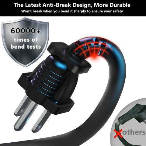 Close-up of 3-prong plug showing anti-break design for 150 Ft 12 Gauge Heavy Duty Black Extension Cord With 3 Outlets.