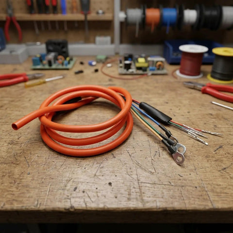 Upgrade Your Ride With Heavy Duty E Bike Motor Extension Cable Featuring Premium Pure Copper Core And High Conductivity For 1000W Systems Designed To Handle Massive Loads Without Voltage Drop While Staying Super Durable And Weatherproof In Any Climate. orange e-bike motor extension cable with copper core and ring terminals on workbench
