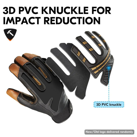 Water Repellent Goat Leather Mechanic Gloves For High Dexterity And All Day Comfort Heavy Duty Rigger Work Glove With Anti Vibration And Abrasion Protection Touchscreen Compatible Size M Brown showing 3D PVC knuckle design
