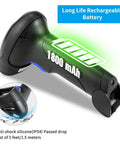 Portable Wireless 1D 2D Barcode Scanner With Stand for Quick Paper and Screen Scans, highlighting 1800 mAh rechargeable battery.
