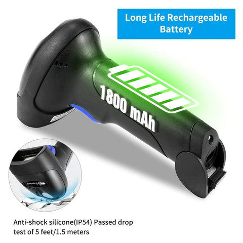 Portable Wireless 1D 2D Barcode Scanner With Stand for Quick Paper and Screen Scans, highlighting 1800 mAh rechargeable battery.