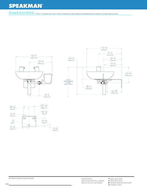 Technical drawing of Yellow Wall Mounted Emergency Eyewash Station With Dual Spray Heads And Hands Free Activation 15 Minute Flush
