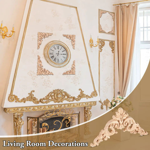 Elegant living room decor featuring Twenty Piece Wood Applique Corner Onlay Set For DIY Furniture Decor on a fireplace and wall.