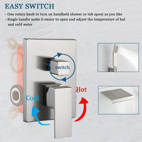 Brushed Nickel All Metal Wall Mounted Shower Faucet Set With Waterfall Tub Spout And High Pressure Handheld Spray controls