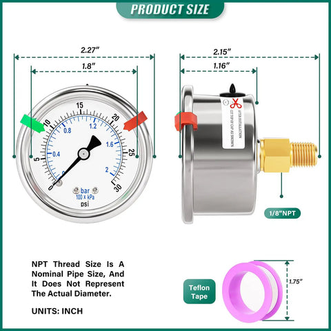 Diagram showing Stainless Steel Dry Pressure Gauge 0-30 Psi With 2 Inch Dial Back Mount One Eighth Inch NPT Dual Scale and Teflon tape.