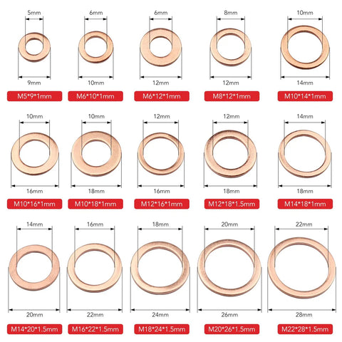 Copper Crush Washers Set, 150 Piece Metric M5 To M22 Assortment With 15 Sizes, Premium Sealing Washers For Automotive