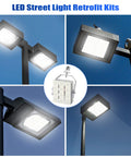 200W Shoebox LED Retrofit Kit With 29000 Lumens At 5000K for E39 Base street light lighting, four views against blue sky