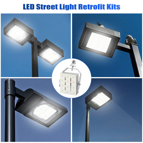 200W Shoebox LED Retrofit Kit With 29000 Lumens At 5000K for E39 Base street light lighting, four views against blue sky