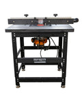 Heavy Duty Cast Iron Router Table Workhorse Package With Triton 3 25 Hp Dual Mode Router and Full Fence Insert Plate Featuring Micro Adjustment Stand for Rock Solid Every Day Routing Precision, front view.
