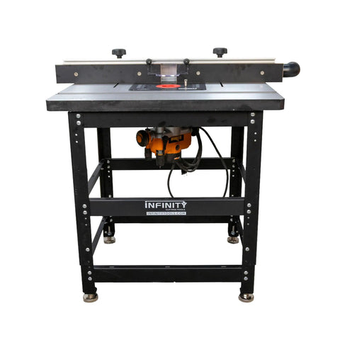 Heavy Duty Cast Iron Router Table Workhorse Package With Triton 3 25 Hp Dual Mode Router and Full Fence Insert Plate Featuring Micro Adjustment Stand for Rock Solid Every Day Routing Precision, front view.