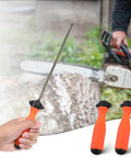 Badass Round File Handles Two Pack With Quick Adjust Nut And Comfy Grips Designed For Chainsaw Touch Ups And Backyard Projects Fits Point Two Inch Diameter Bits Without Hassle, including an orange handle and metal file.