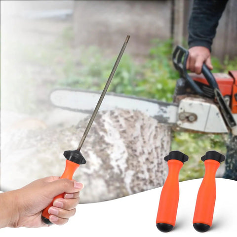 Badass Round File Handles Two Pack With Quick Adjust Nut And Comfy Grips Designed For Chainsaw Touch Ups And Backyard Projects Fits Point Two Inch Diameter Bits Without Hassle, including an orange handle and metal file.
