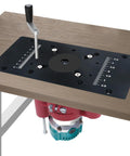 Heavy Duty Router Lift Table System Featuring Smooth Crank Adjustment And Rock Solid Aluminum Build mounted with precision lift and measurement markers.