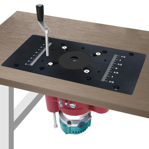 Heavy Duty Router Lift Table System Featuring Smooth Crank Adjustment And Rock Solid Aluminum Build mounted with precision lift and measurement markers.