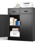 Heavy Duty Metal Storage Cabinet With Doors And Shelves, 36 Inch Tall Locking Cabinet With Two Drawers, Built Tough Reinforced Steel For Garage, Workshop, Office Or Home Use, Black with open door showing contents.