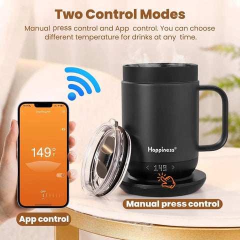 Top Shelf Self Heating Coffee Mug With Precise One Degree Temperature Control Smart Cup displaying control modes and lid.